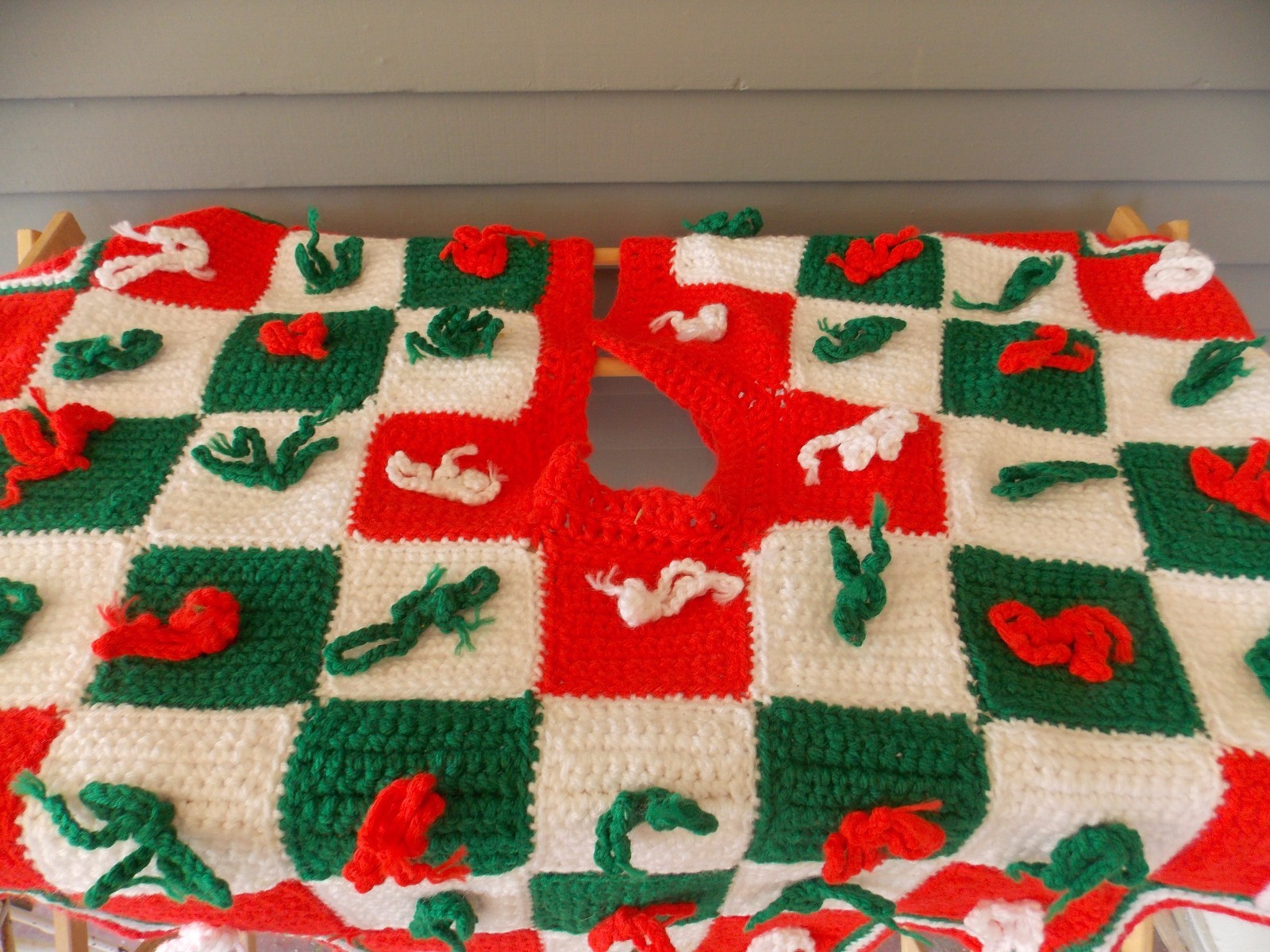 Vintage Christmas Tree Skirt Red White Green Crochet Granny Square with Bows