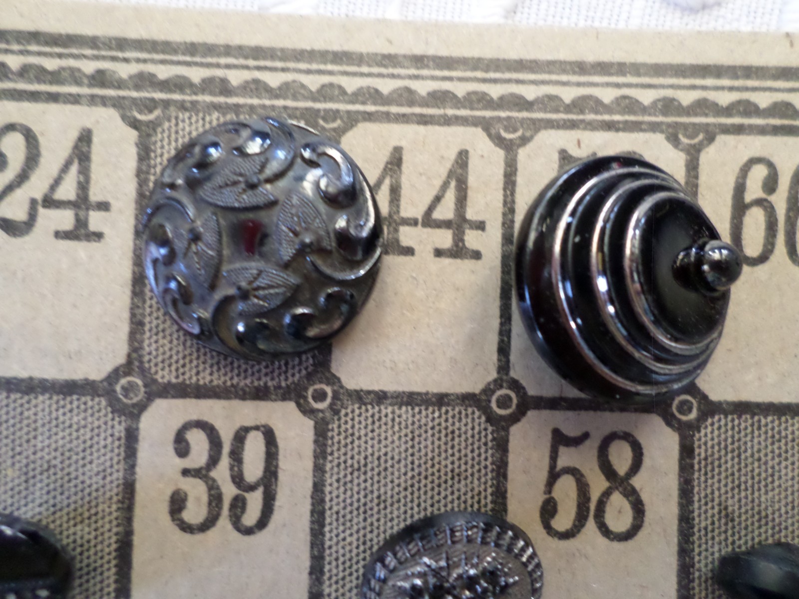 Vintage Black Glass Buttons Art Deco Floral Oval Round