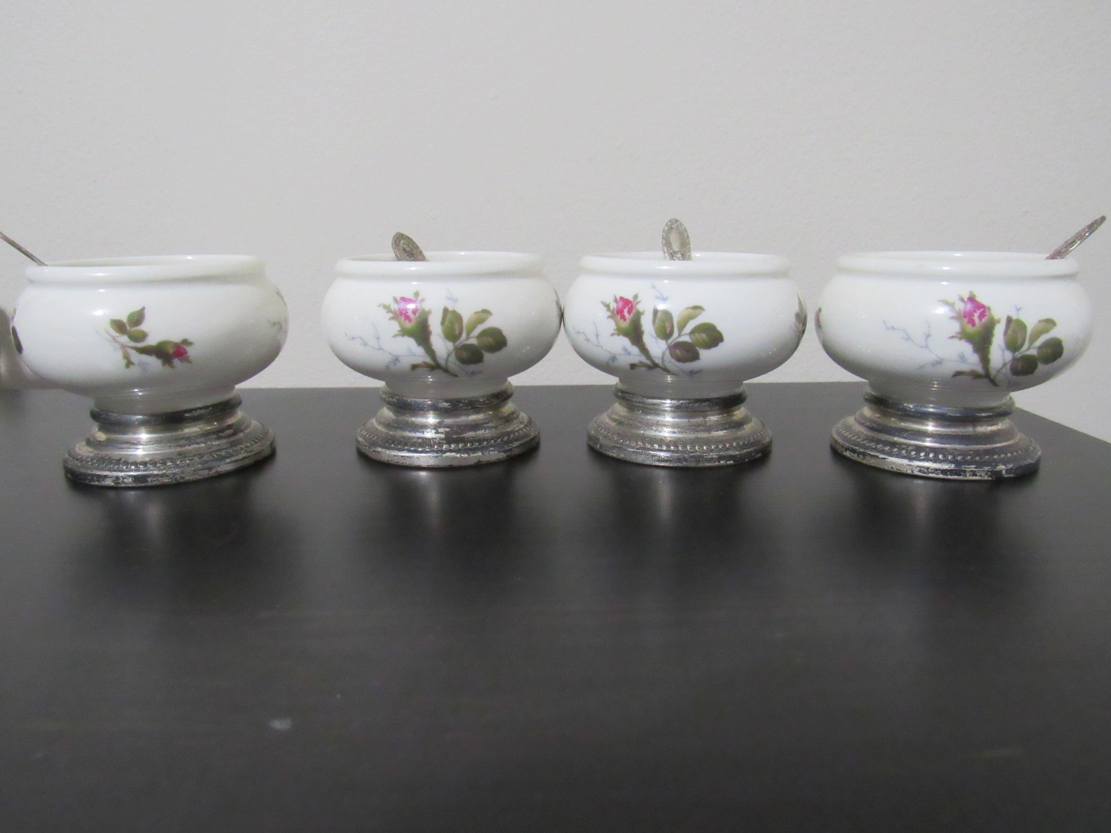 Rosenthal Moss Rose Pattern Sterling Silver Base Salt Cellar SET 4 AND SPOONS