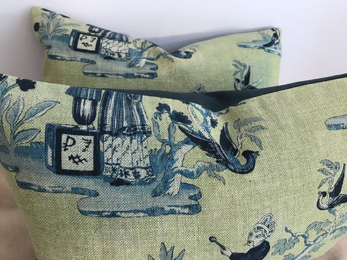 SET OF 2, ACQUITAINE “LOOKING GLASS” CHINOISERIE GREEN BLUE LINEN PILLOWS