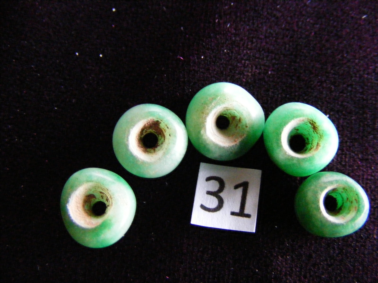5 Pre Columbian Natural Green Jade Mayan Hand Carved Round Beads(B31)