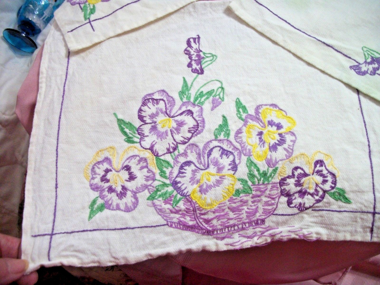 VINTAGE HAND EMBROIDERED 3 PIECE VANITY / DRESSER SET  PRETTY PANSIES