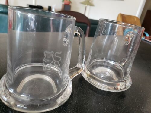 2 LARGE HEAVY GLASS MERRILL LYNCH GLASS BEER MUGS COFFEE STOCK MARKET BULL 