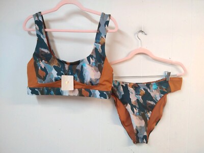 Fabletics WM Plus XXL 2 Piece Swim Suit Bikini ''Gabriella'' Blue & Caramel Brown