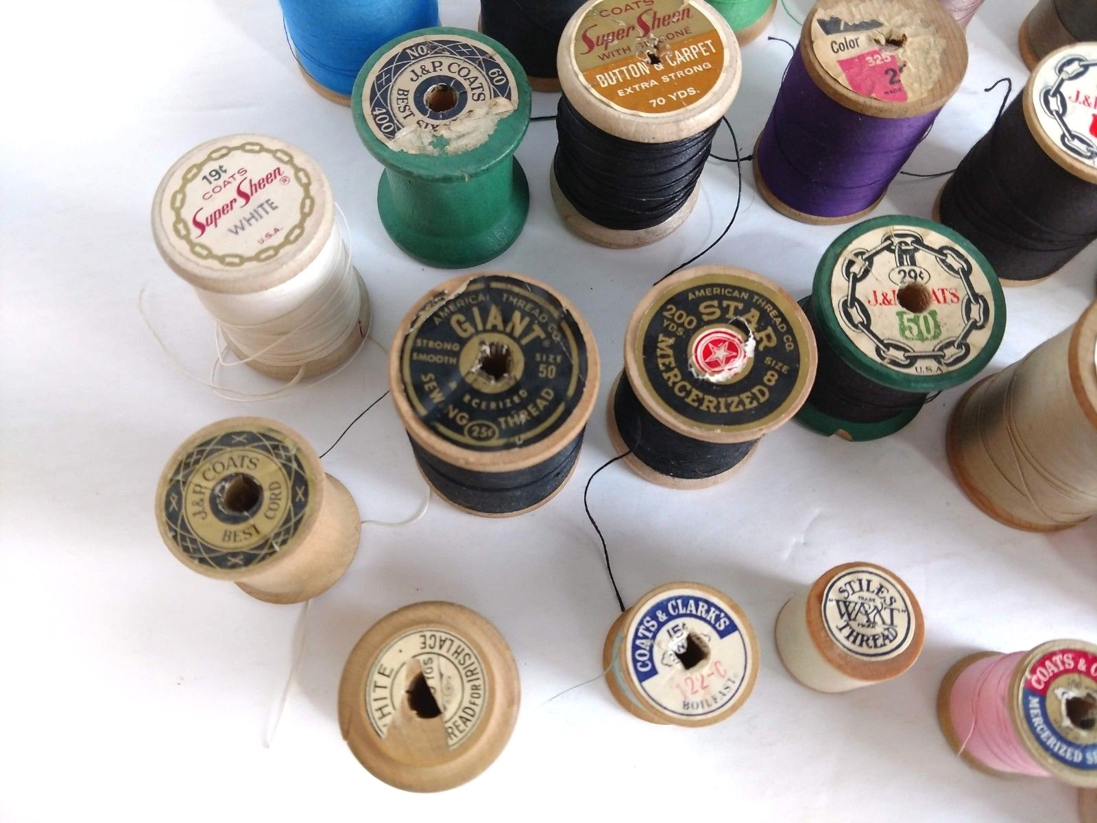Lot of 25 Vintage Sewing Thread Spools Mostly Wooden Collectible Spools