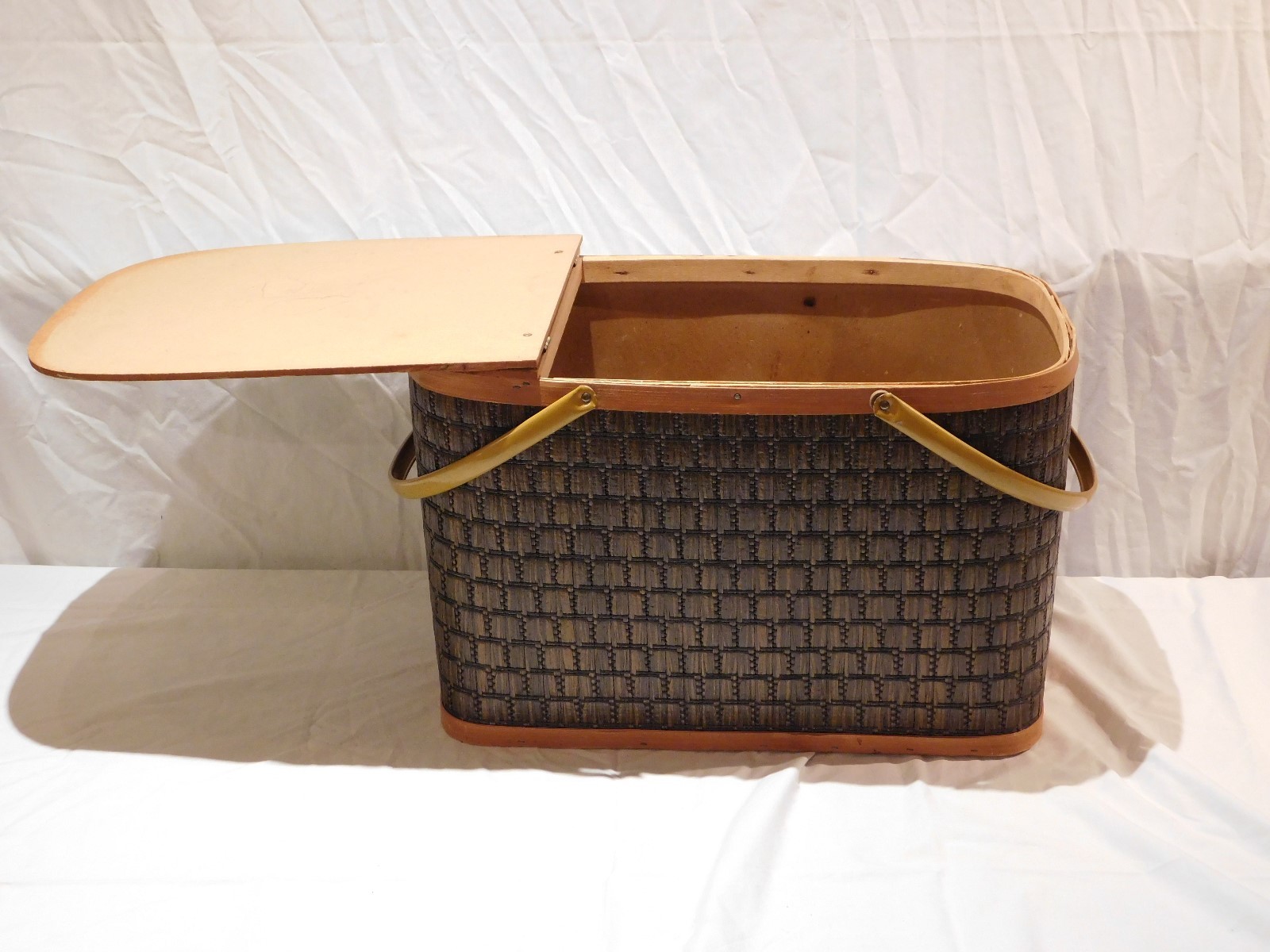 Vintage Wicker Picnic Basket w/ Folding Metal Arms