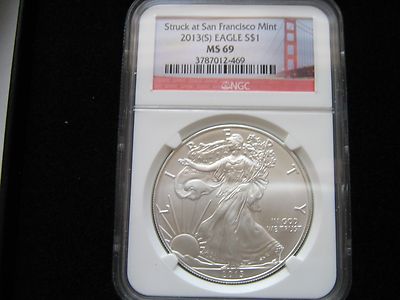 2013年-S イーグル銀貨 PCGS MS70  サイン入り No.794 2013(S) Silver Eagle , San Francisco Mint , MS 69 , NGC