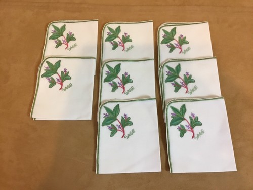 Eight Vintage Small Napkins, Herb Appliqué & Embroidery, Sage, White & Green