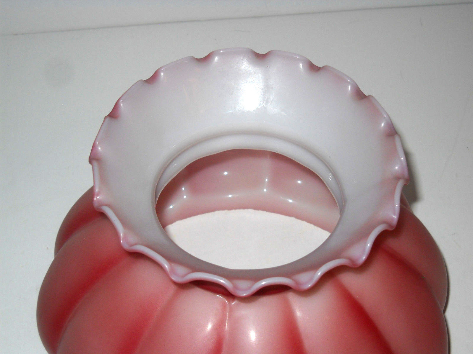 Vintage Fenton?  Ruffled Pink Rose Glass Hurricane  Lamp Shade 7.5'' 6.75 fitter