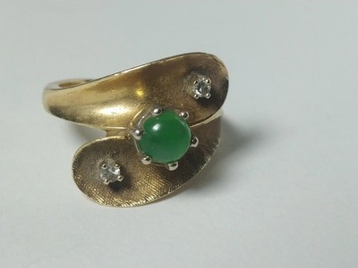 Estate Modernist Green Jadeite Jade Diamond Ring 14k Yellow Gold Sz  4.5/ 4.88 g