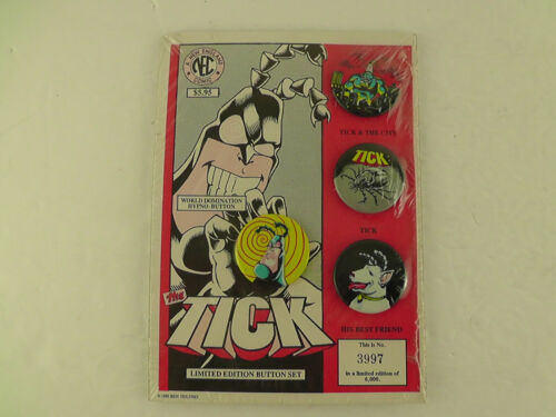 1989 The Tick Button Limited Edition Set # 3997/6000 Four Pins by Ben Edlund VTG