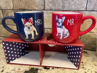 Mr & Mrs French Bulldog Boy Girl Coffee Mug Set Red Blue Frenchie Lovers Tea Cup