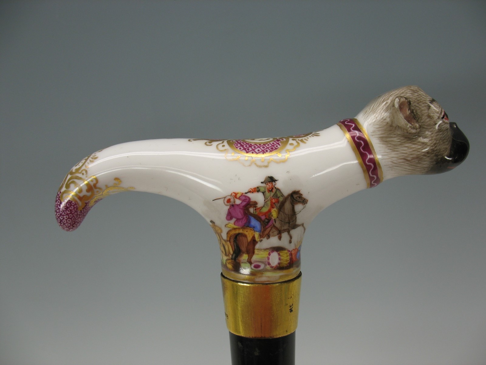 18th Century Meissen porcelain PUG dog walking stick cane handle