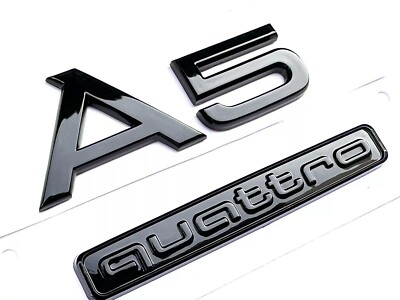 Set 2 Pcs for Audi A5 + QUATTRO Gloss Black Emblem 3D Rear Trunk Badge OEM Size