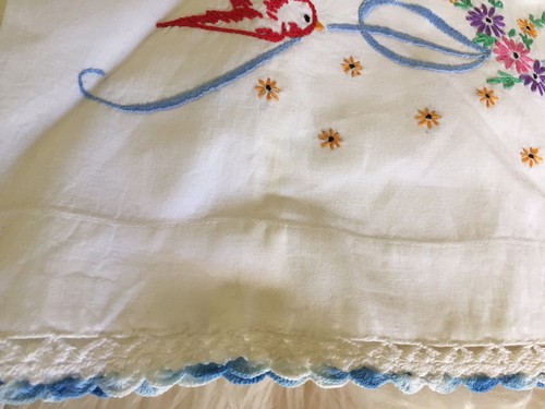 Vintage Pillowcases Set Embroidered Birds Bows Floral Crochet Trim