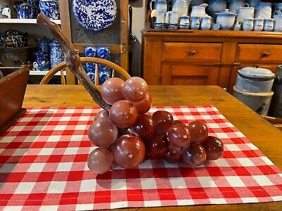 Vintage Italian Alabaster Stone Fruit Bunch Red Globe Grapes 13.5'' Length Wood