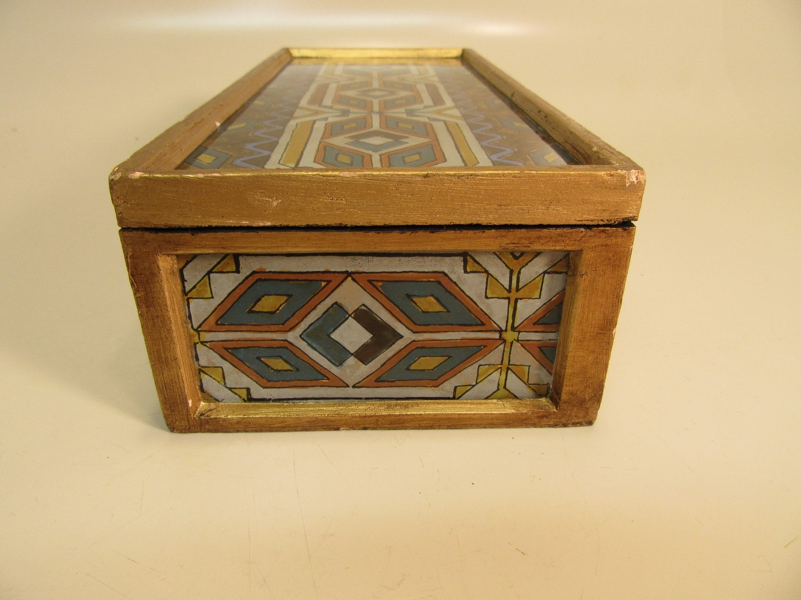 Vintage Wood Box With Glass  over drawing design  9'' by 4'' by 2 1/2'' tall