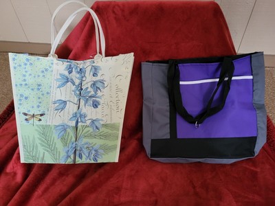 NEW - Set Of Two Medium Tote Bags - French Print 15x14x3 + Purple/Gray 14x13x3