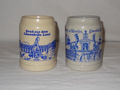 Pair of LowenBrau Munchen Heavy Stoneware German Stein 0.5 Liters Otoberfest