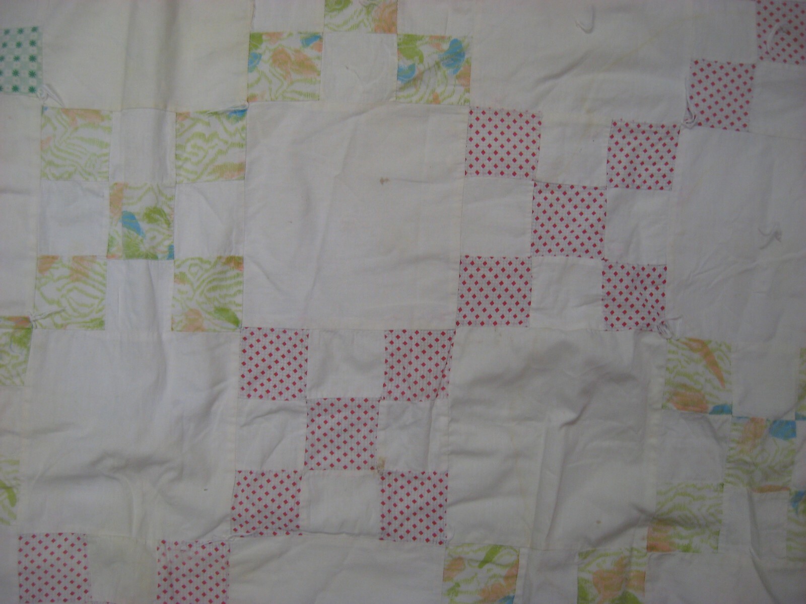 Vintage Handmade Cotton patchwork Quilt White multicolor TIE quilt 71 X 58.5