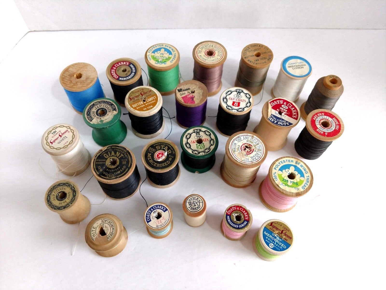 Lot of 25 Vintage Sewing Thread Spools Mostly Wooden Collectible Spools