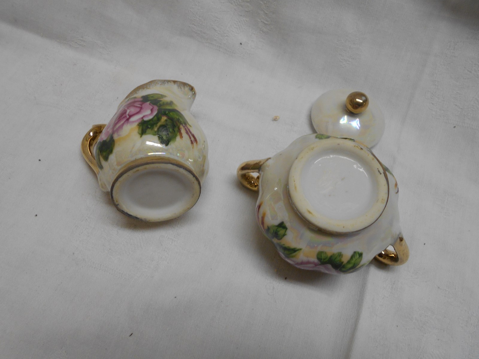 vintage porcelain miniature cream & sugar set large pink roses floral 2