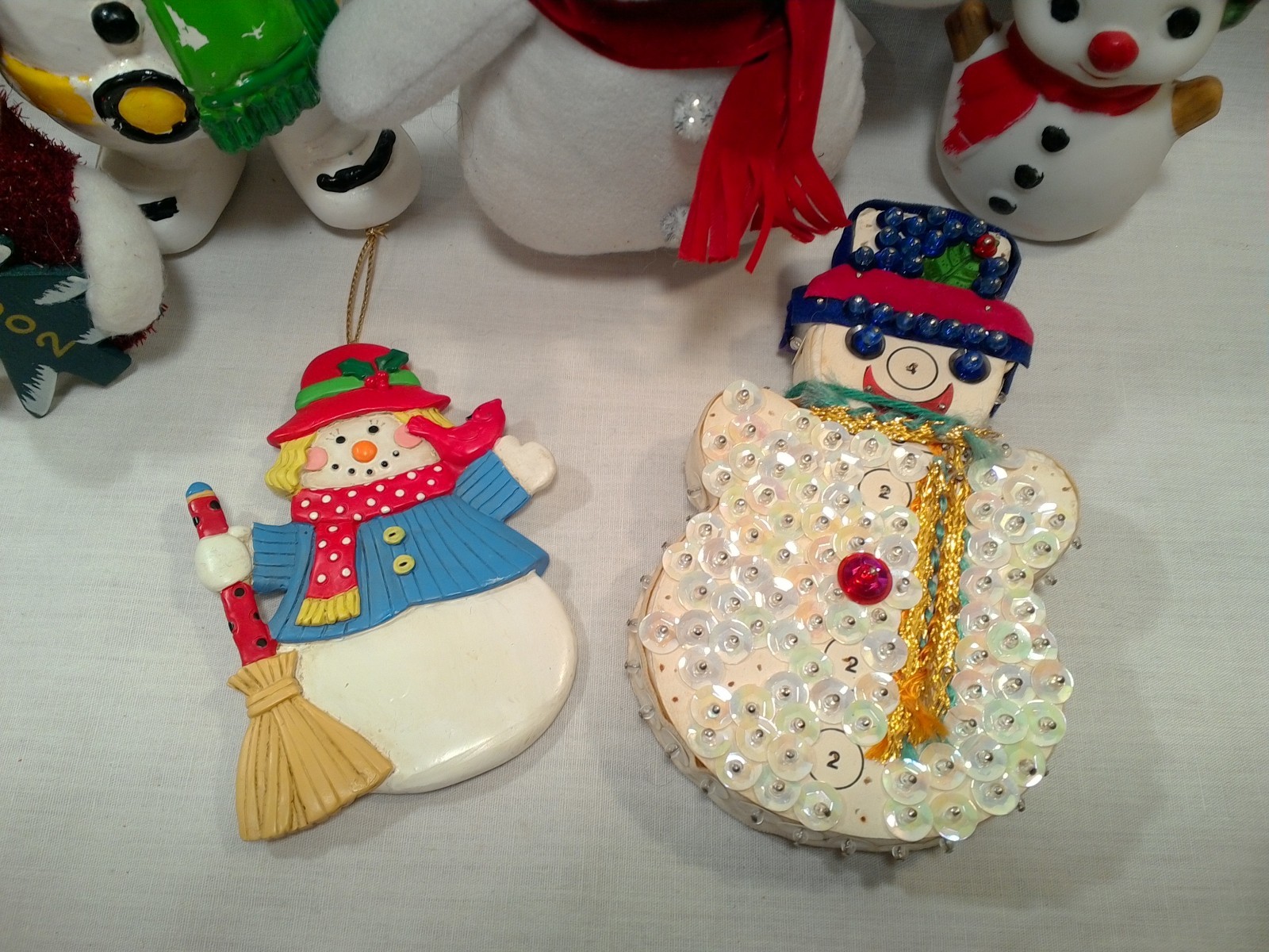 Snowman Christmas Ornaments Salt Shaker Plush Set of 6 Vintage Figurine Plastic