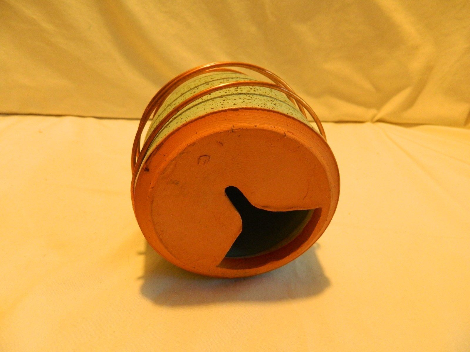 HAND CRAFTED COPPER WIRE WRAP BLUE POTTERY BIRD HOUSE