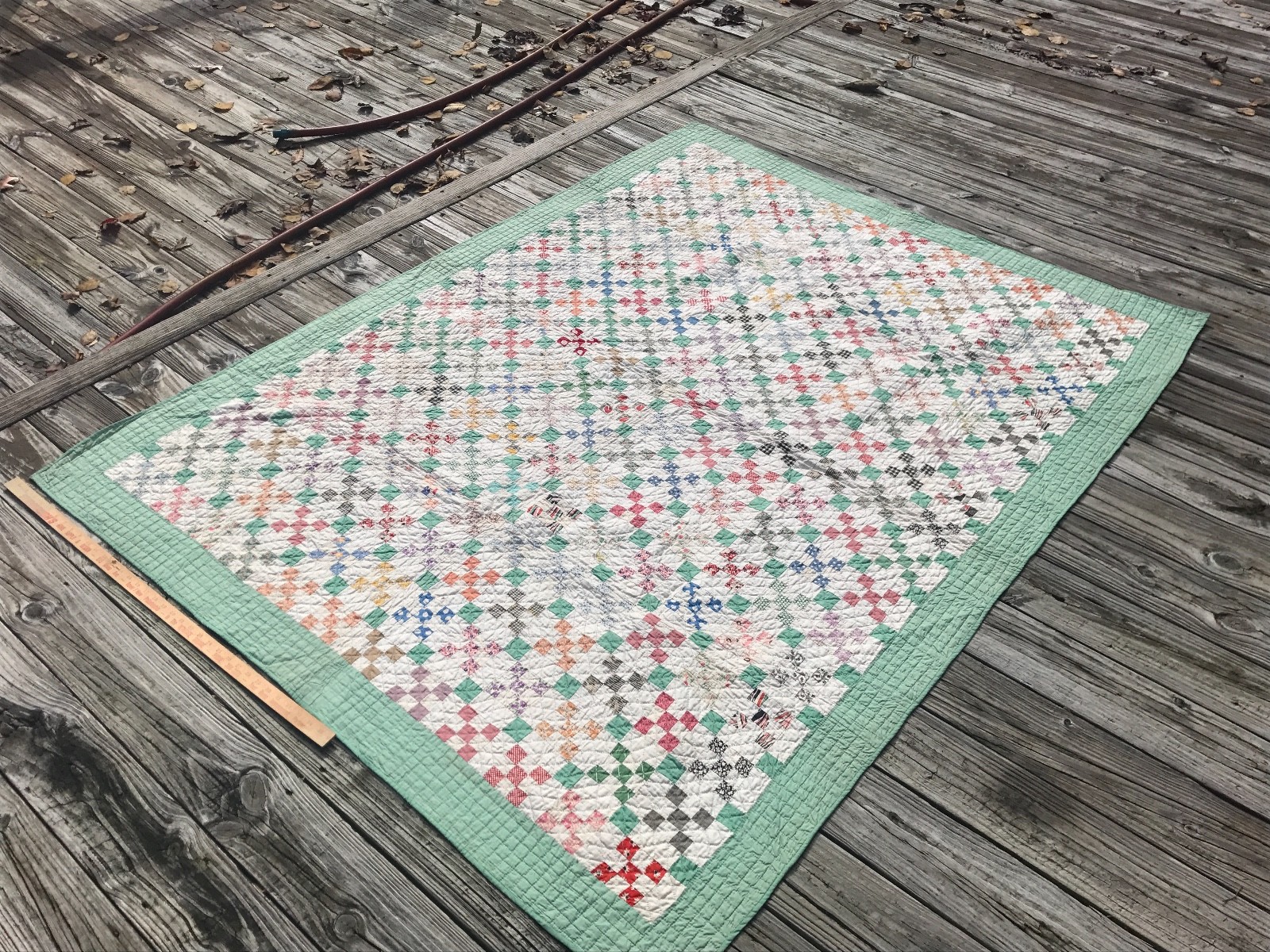 Vintage Postage Stamp Quilt Irish Chain Feed Sack Material Feedsack Green