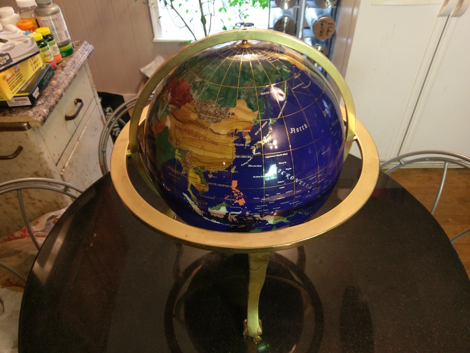 Huge Gemstone Globe on Brass Display Stand Needs Repair