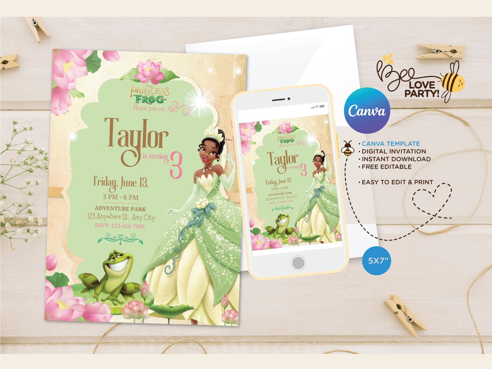 Tiana Princess Birthday Invitation, canva template, editable print or share | eBay for Free Printable Princess And The Frog Birthday Invitations