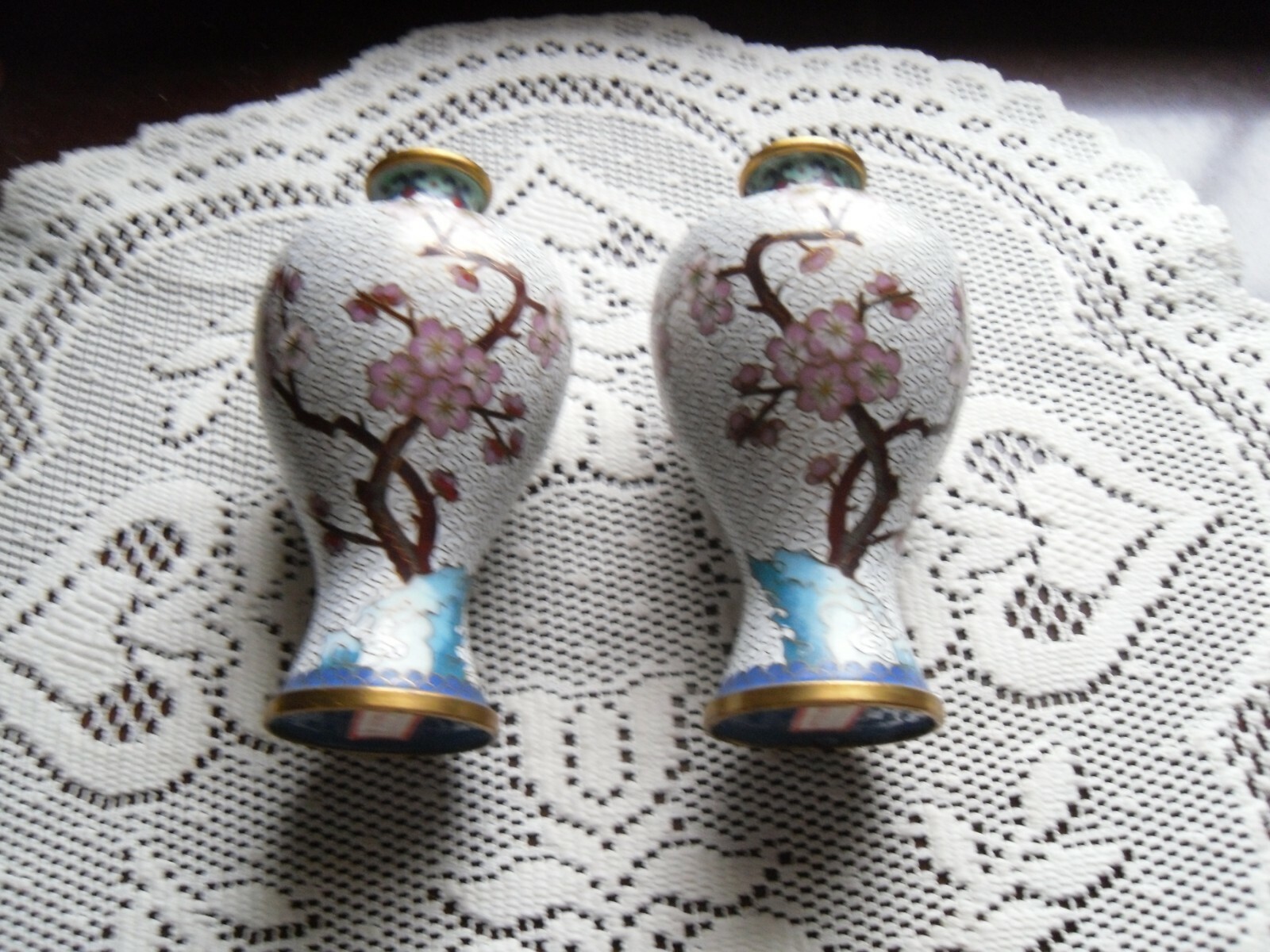 Nice set of Chinese cloisonne vases w pink cherry blossoms bird gold accents 6
