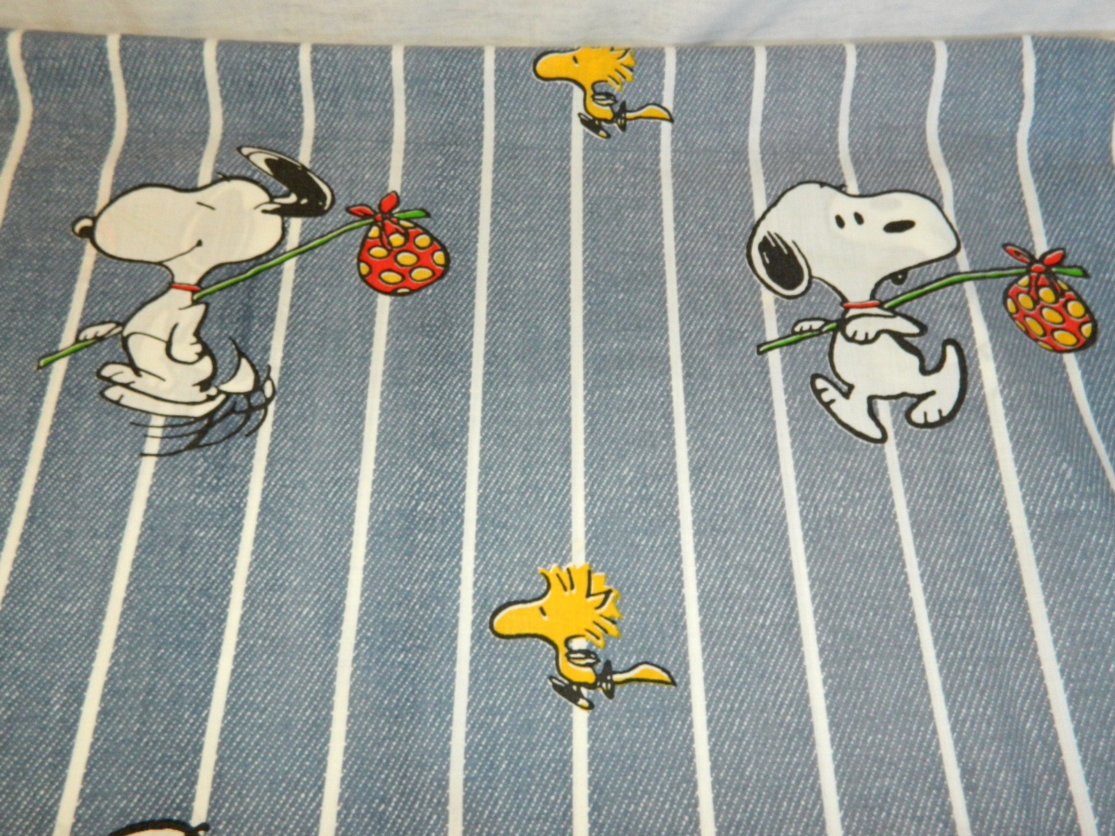 VTG Peanuts Snoopy Twin Sheet Woodstock Hobo Blue Striped fabric