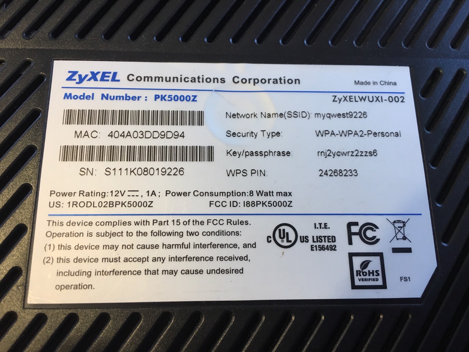 Zyxel Qwest PK5000Z DSL Wireless Modem Router