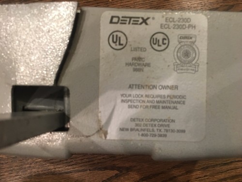 Detex Alarm Panic Exit Control Lock Short Bar Emergency Exit ECL-230D