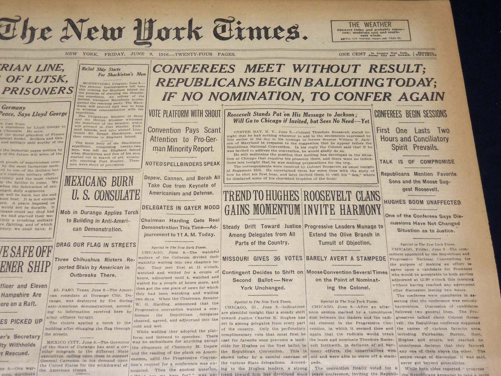 1916 JUNE 9 NEW YORK TIMES NEWSPAPER - TREND TO HUGHES GAINS
