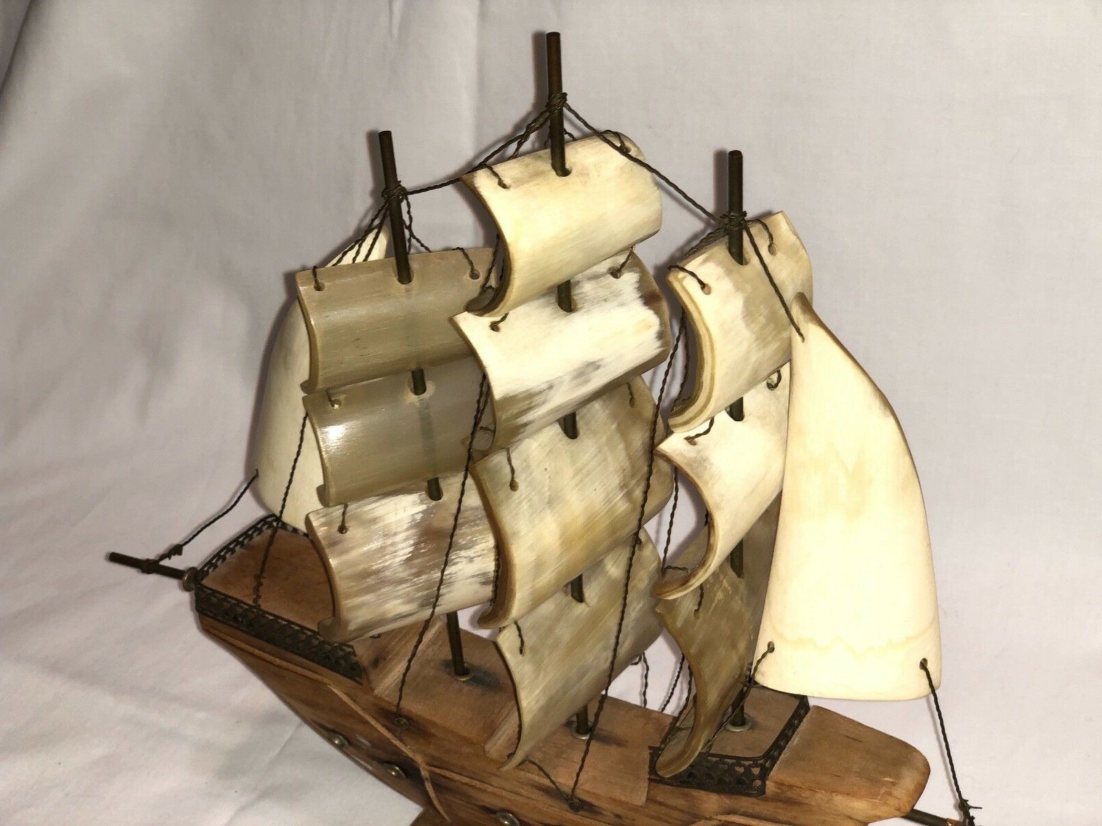 Vintage Ship Model/Bone Sails Wooden Base