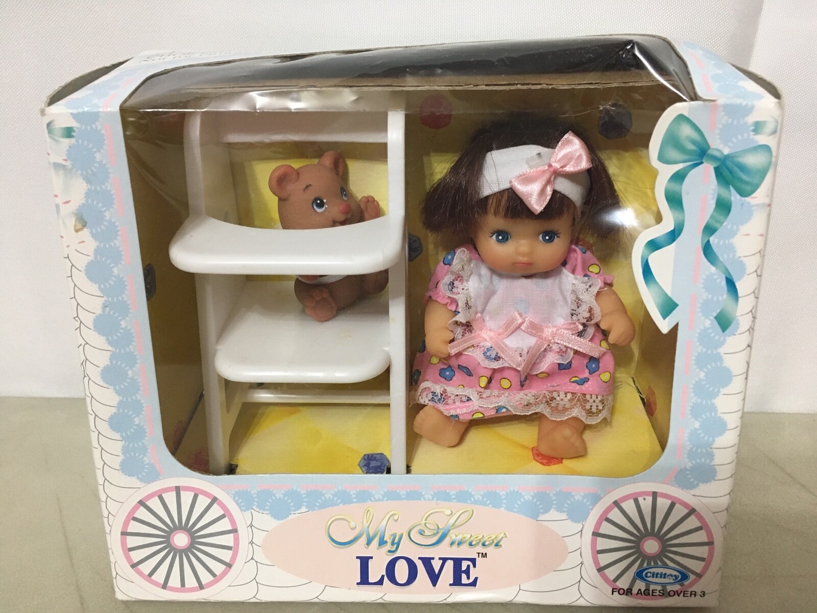 New Vintage My Sweet Love Cititoy Set 1990 Baby Doll W/ High Chair, Teddy Bear