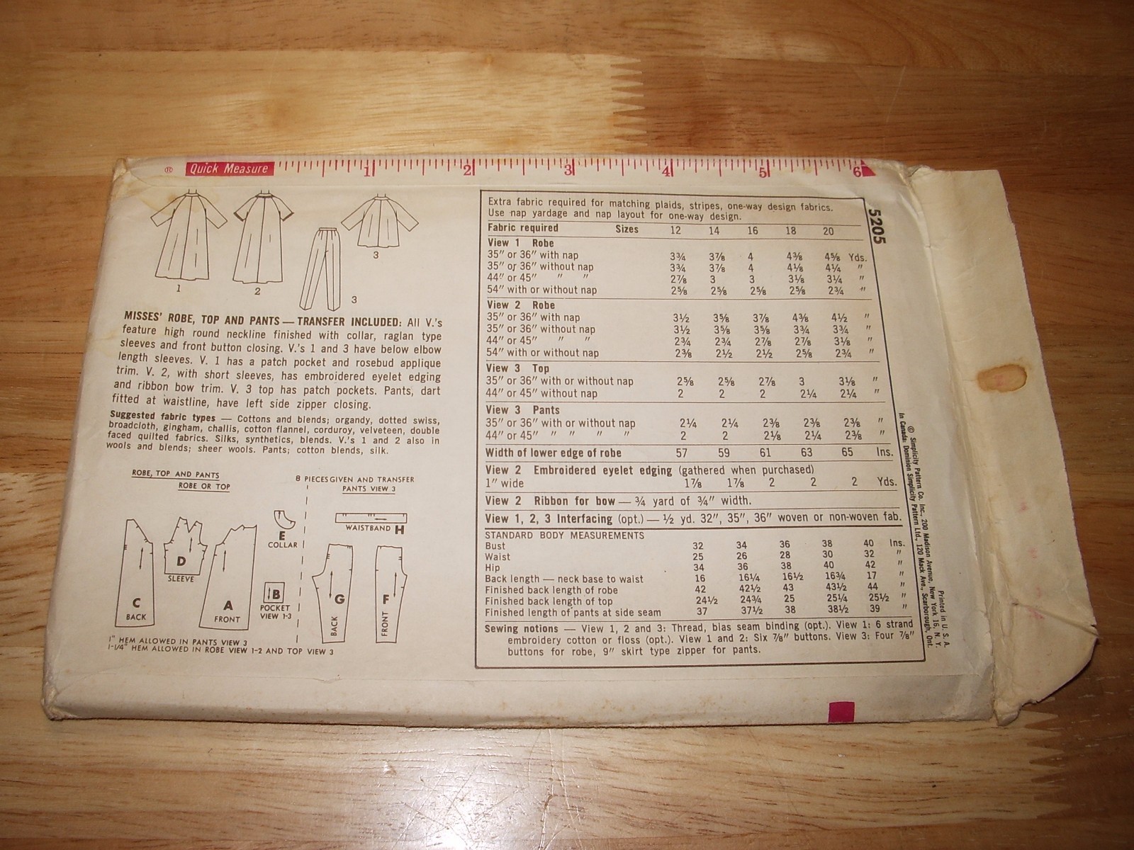 Vintage Simplicity FF Pattern 5205 Misses Robe Top Pants Sz 16 Bust 36