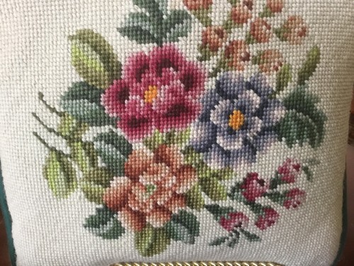 Vintage Needlepoint Floral Pillow-11 X 11-Dark Green Cotton Back-Excellent Cond-