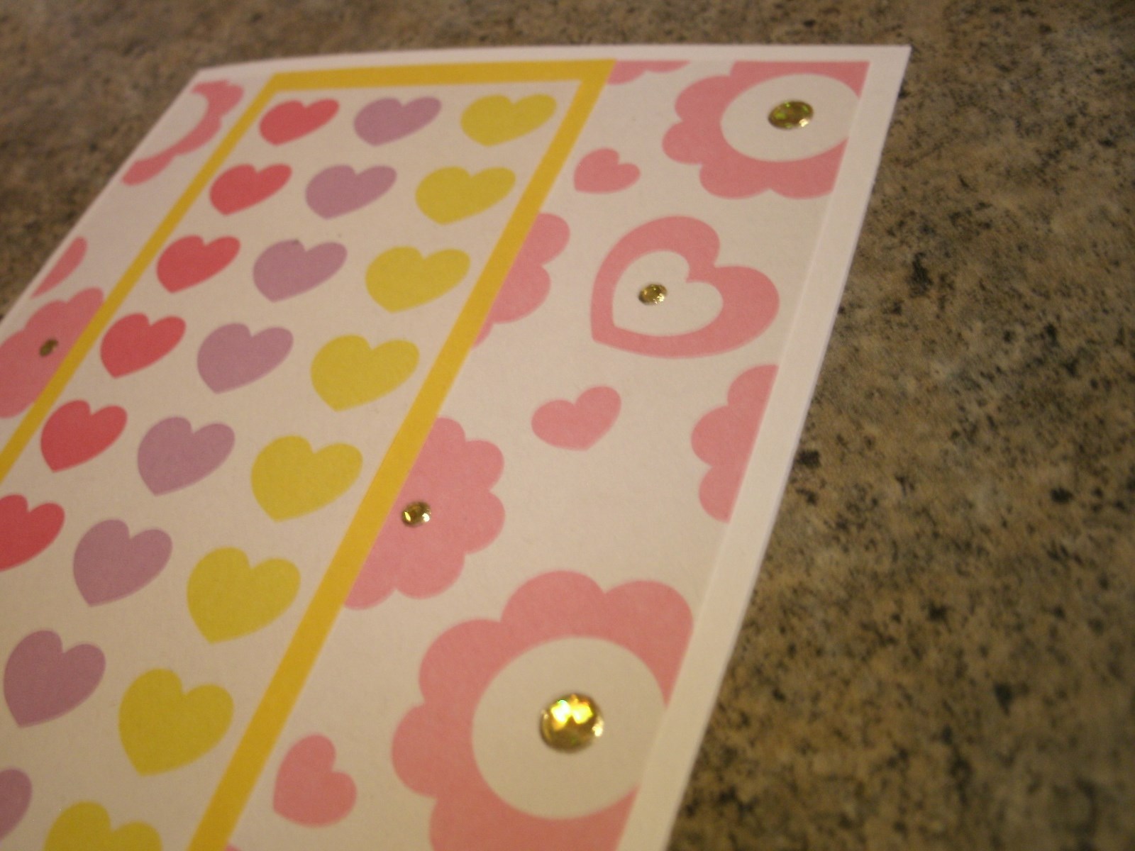 Pink hearts & flowers Handmade Card & Envelope, gold Jewel Dazzles, yellow trim