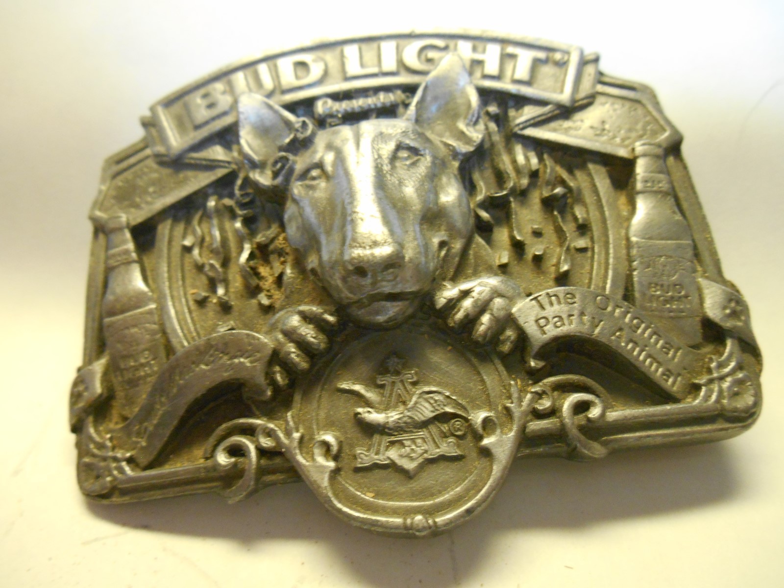 SPUDS MACKENZIE BELT BUCKLE 1987 PARTY BUD LIGHT BEER BY BERGAMOT BRASS WORKS