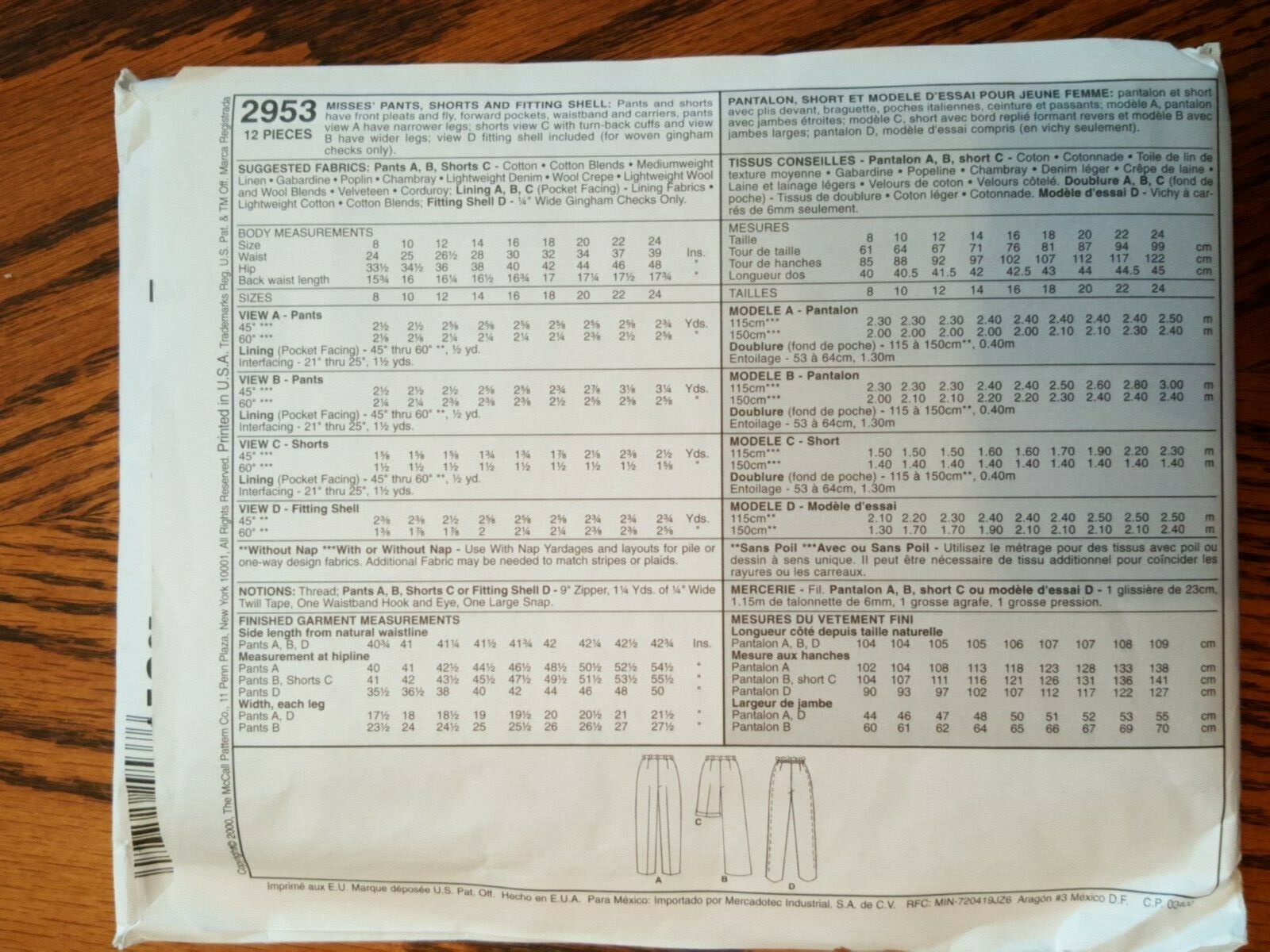 VINTAGE UNOPENED McCALLS PATTERN MISSES 3 HOUR PANTS/SHORTS/TOP SIZE 20   #2953