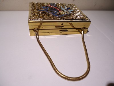 VINTAGE ANTIQUE COMPACT PURSE DRAMA MASK COMEDY TRAGEDY BRASS TONE PEARLS ENAMEL