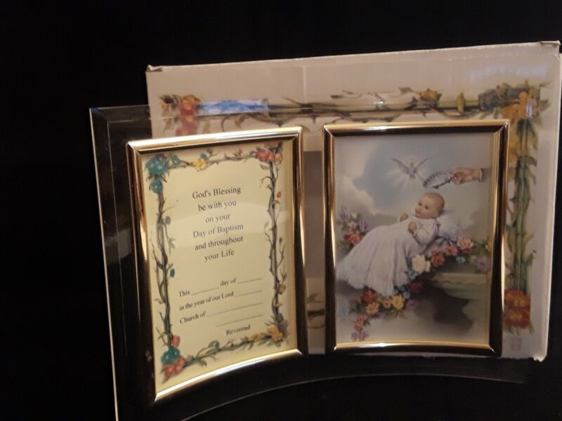 Baby Baptism Dual Photo Frame & Certificate Curved Beveled Gold Trim New w/Box