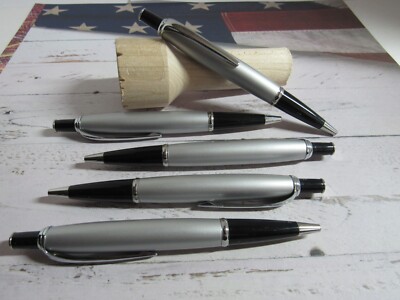 LOT OF 5 TERZETTI MODEL URBANE -SILVER METAL BALLPOINT PENS-CLICK TOP BLACK TRIM