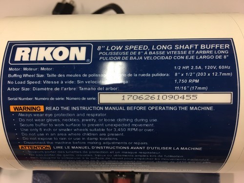 Rikon 8-inch 1/2hp Low Speed Long Shaft Buffer - NEW