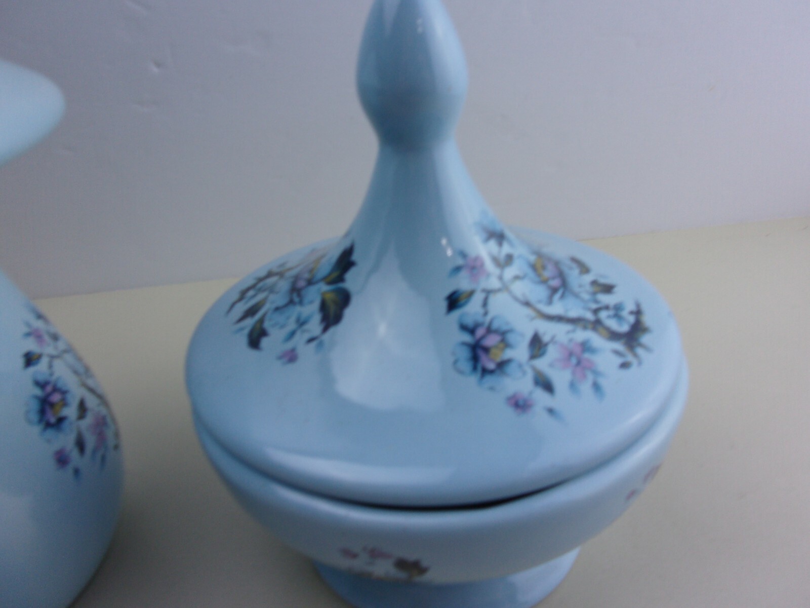 Vintage Blue Floral Ceramic Mushroom Shaped Covered Container and Candy Dish