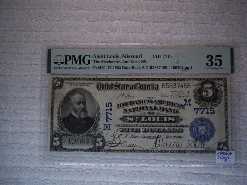 1902 $5 St Louis Missouri Mo National Currency Date Back # 7715 Pmg 35 #ms