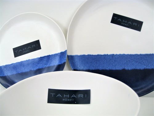 Tahari Melamine 12 Piece Set Dinner Salad Plates Bowls Blue Watercolor Stripe